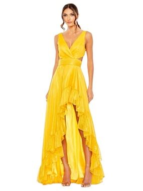 NWT Mac Duggal Cut Out High Low Ruffle Gown Metallic Sheen Formal Wedding Event